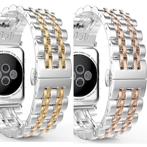 Apple Watch Band–7 Link Stainless Steel–Silver/Gold-Silver/Rose Gold–Includes Resizing Tool–Sizes 38/40/41MM - 42/44/45/49MM Series 10 42-46