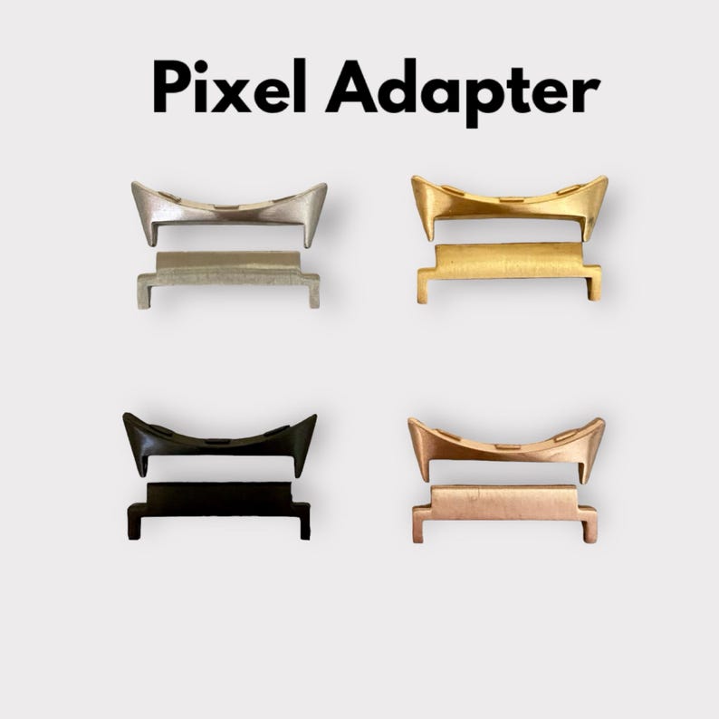 May include: Four different coloured metal watch band adapters. The adapters are in silver, gold, black, and rose gold. The adapters are designed to connect a watch band to a smartwatch.