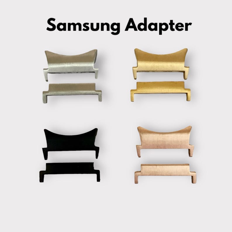 May include: Four pairs of watch band adapters in silver, gold, black, and rose gold. Each pair consists of two pieces that connect to a watch strap.