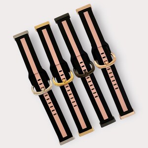 May include: Four watch bands with black and rose gold straps and silver, gold, and black buckles.