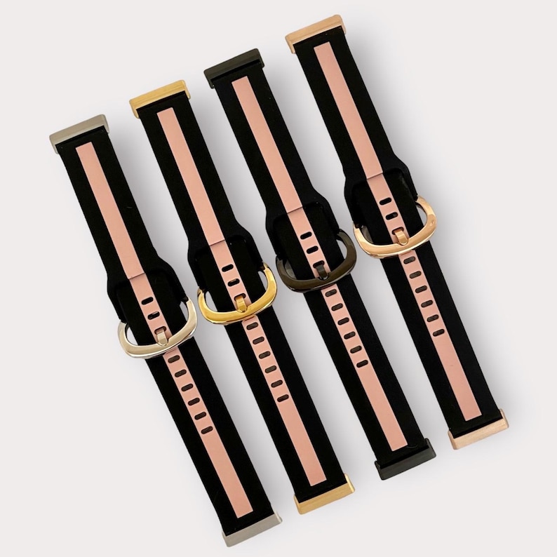 May include: Four watch bands with black and rose gold straps and silver, gold, and black buckles.
