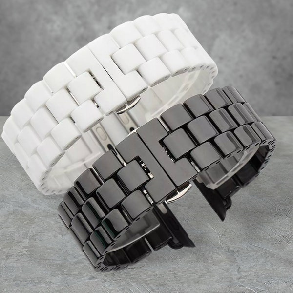 Bracelet de luxe pour montre Apple - Trois maillons en céramique noire ou blanche 38/40/41 mm 42/44/45/49 mm Séries 1-8 SE Ultra avec outil de redimensionnement