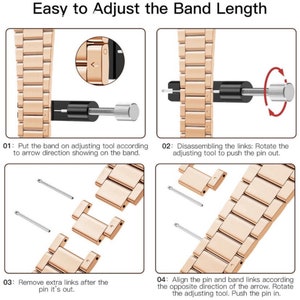 May include: A four-step guide on how to adjust the length of a metal watch band. The guide shows how to use a tool to remove and insert pins to adjust the band size. The images show a gold-colored watch band.