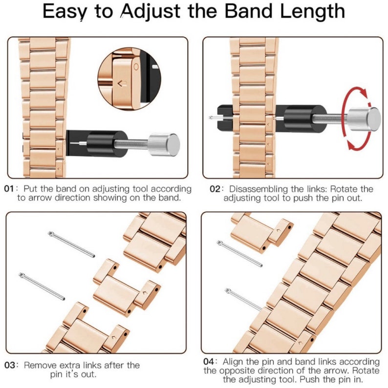 May include: A four-step guide on how to adjust the length of a metal watch band. The guide shows how to use a tool to remove and insert pins to adjust the band size. The images show a gold-colored watch band.