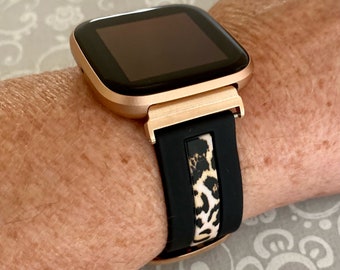 Fitbit Versa 1-2-3-4 Sense 1-2 Silicone Cheetah/Camo Watchband Black-Pink-Gray Silver-Gold-Black-Rose Gold Adapter & Buckle Options