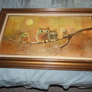 Oryginalny obraz olejny Irmy Wallem na płótnie 15" x 30" Rodzina sów