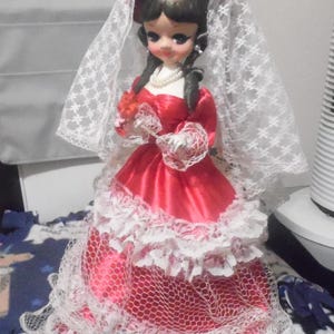 Vintage Big Eyes Bradley Doll -Red Dress trimmed in Lace w/ Head Piece 17&quot; tall