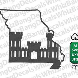 May include: A black and white silhouette of the state of Missouri with a castle design inside. The castle has multiple towers and windows. The image is on a white background.