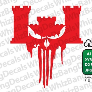 May include: Red and white graphic design of a skull with dripping blood and two castle towers. The skull is in the center of the design and the towers are on either side of the skull.