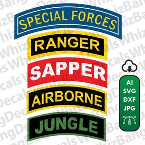 May include: A collection of military-themed decals featuring text such as "SPECIAL FORCES," "RANGER," "SAPPER," "AIRBORNE," and "JUNGLE." The decals are in various colors, including blue, yellow, red, and green, with a vector graphic download icon.