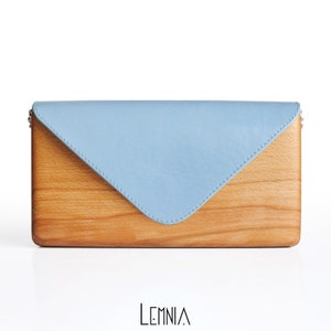 Unique Wooden Bag with Blue Leather Handcrafted | Wood and Leather Clutch Bag | Gift for Women | Handmade | Lemnia