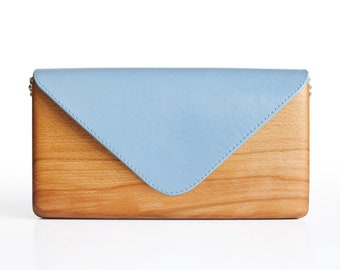 Einzigartige Holztasche mit blauem Leder handgefertigt | Clutch Tasche aus Holz und Leder | Geschenk für Frauen | Handgemachte | Lemnia