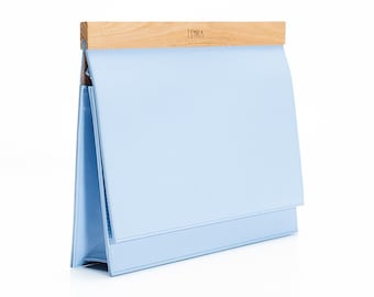 Minimalist Leather Bag with Oak Wood | Blue Leather Evening Bag | Office Handbag | Elegant bag | Gift for Women | Handmade | Lemnia