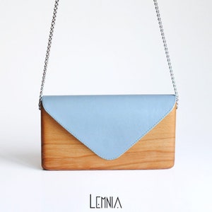 Unique Wooden Bag with Blue Leather Handcrafted Wood and Leather Clutch Bag Gift for Women Handmade Lemnia image 3