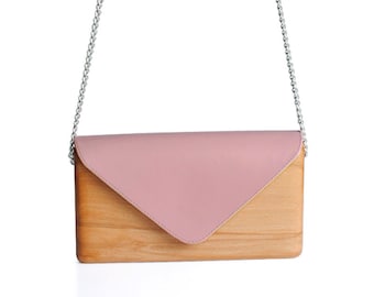 Unique Wooden Bag with Pink Leather Handcrafted | Wood and Leather Clutch Bag | Gift for Women | Handmade | Lemnia