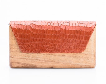 Unique Wooden Bag with Orange Leather Handcrafted | Wood and Leather Clutch Bag | Gift for Women | Handmade | Lemnia