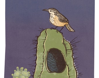 Illustrated Cactus Wren Bird Print