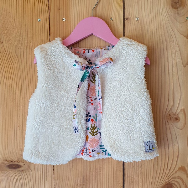 Gilet de berger enfant réversible en coton bio, fausse fourrure mouton et fleurs