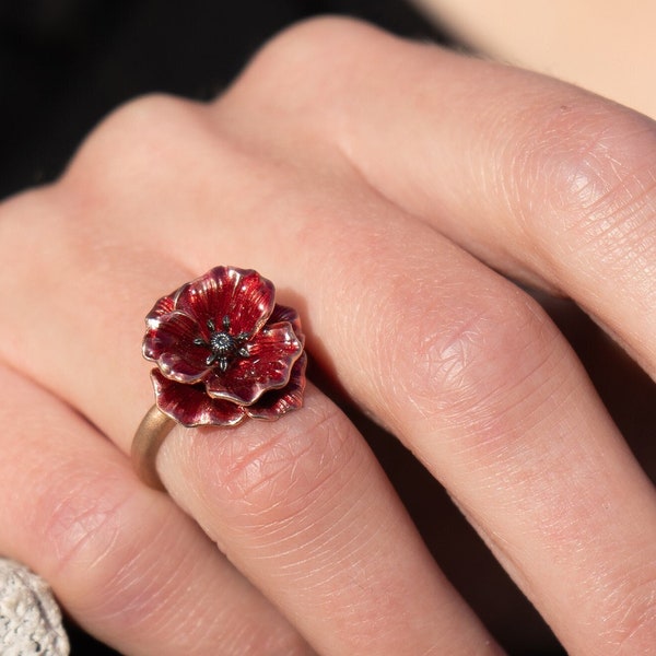 Bague fleur de coquelicot émaillée série Botanique, bague réglable en argent 925 coloré, bague argent fleur de coquelicot émaillée