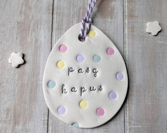 PASG HAPUS Hand-painted pastel Welsh re-useable decorations LETTERBOX gift, clay ornaments, Easter Spring decor Cymraeg