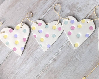 Reusable PASTEL heart garland decor LETTERBOX gift, clay ornaments bunting pastel polkadot