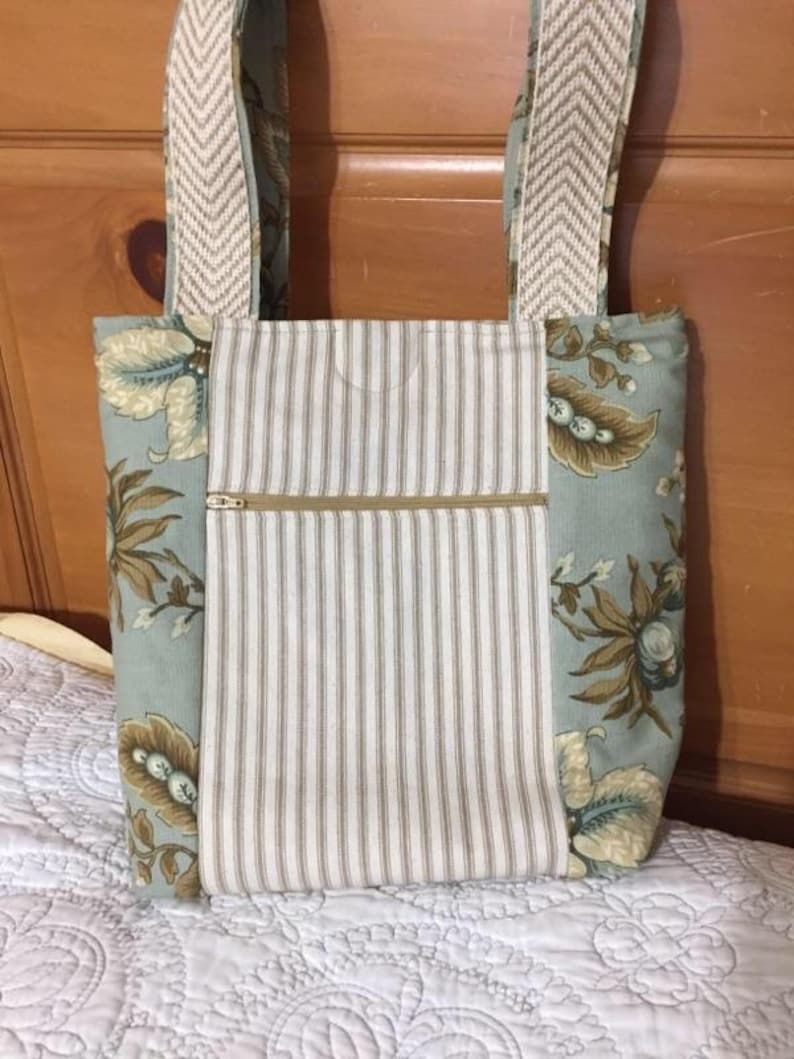 Tote BagCanvas ToteBook BagFloral and TickingQuilted Interior