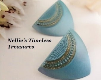 Blue Shield Stud Earrings Tribal Metal Vintage 1980's Retro Earring Art Deco Egyptian Style Statement New Wave 80's Lightweight