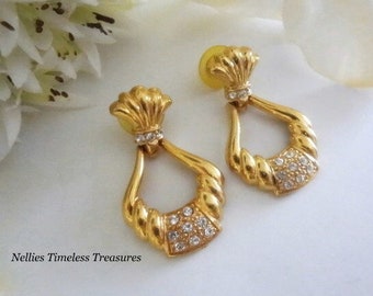 Pave Hoop Earrings Gold Door Knocker Earrings Vintage Rhinestone Stud Earrings Crystal Bridal Earrings for Mother of Bride Wedding Jewelry