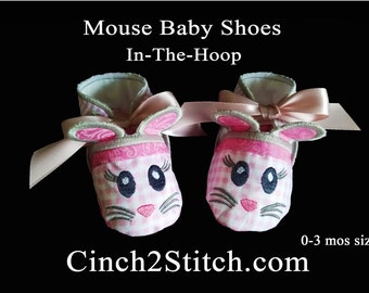 Mouse Baby Shoes - In The Hoop - Machine Embroidery Design Download - (0-3 month size)