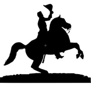 Puede incluir: Silueta negra de una persona a caballo encabritado, sosteniendo un sombrero en alto. La imagen representa a un jinete con sombrero, con las patas delanteras del caballo levantadas. La base de la imagen es una línea oscura y texturizada.