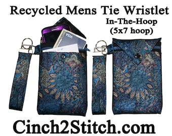 Recycled Mens Tie Cell Phone Wallet / Wristlet - In The Hoop - Machine Embroidery Design Download (5" x 7" Hoop)