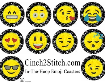 Emoji Coasters - recycled CDs - 100% In The Hoop - Machine Embroidery Design Download (5" x 7" Hoop)