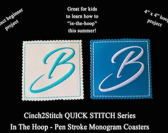 Quick Stitch Pen Stroke Monogram Coasters - In The Hoop - Machine Embroidery Design Download (4" x 4" Hoop), Vinyl or recycled denim