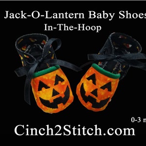 Jack-O-Lantern Halloween Pumpkin Baby Shoes - In The Hoop - Machine Embroidery Design Download - (0-3 month size)