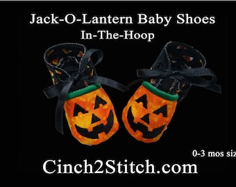 Jack-O-Lantern Halloween Pumpkin Baby Shoes - In The Hoop - Machine Embroidery Design Download - (0-3 month size)