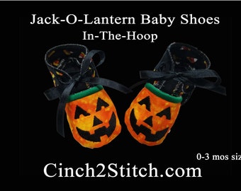 Jack-O-Lantern Halloween Pumpkin Baby Shoes - In The Hoop - Machine Embroidery Design Download - (0-3 month size)