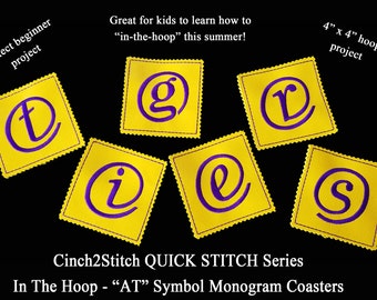 Quick Stitch "AT" Symbol Monogram Coasters - In The Hoop - Machine Embroidery Design Download (4" x 4" Hoop), Recycled denim or vinyl