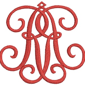 May include: Red monogram initial with a stylized letter "R" with decorative flourishes.