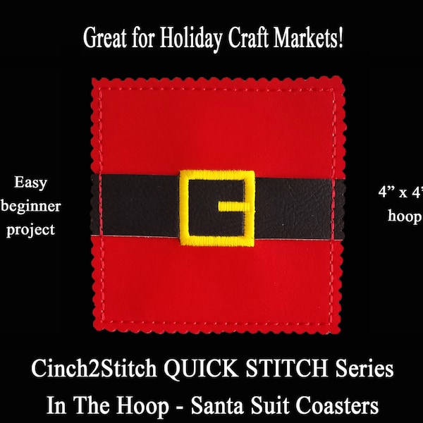 Quick Stitch Santa Suit Coasters - In The Hoop - Machine Embroidery Design Download (4" x 4" Hoop) Craft Fair Easy Gifts