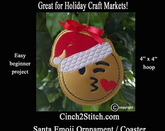 Santa Emoji Ornament/Coasters - In The Hoop - Machine Embroidery Design Download (4" x 4" Hoop) Craft Fair, Easy Gifts