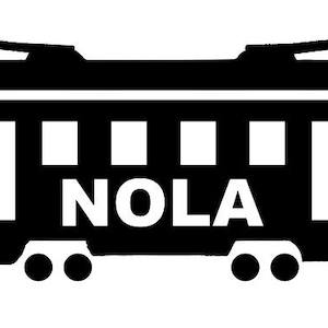May include: Black and white illustration of a streetcar with the word "NOLA" printed in white on the side.