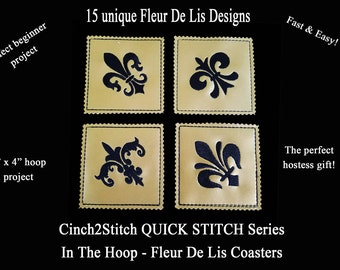 Quick Stitch New Orleans Fleur De Lis Coasters - In The Hoop - Machine Embroidery Design Download (4" x 4" Hoop)