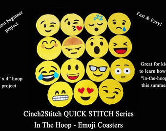 Quick Stitch Emoji Coasters - In The Hoop - Machine Embroidery Design Download (4" x 4" Hoop), Vinyl or Recycled Denim