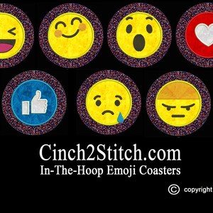 Puede incluir: Conjunto de ocho posavasos bordados con emojis que representan diferentes expresiones, incluyendo una cara riendo, un corazón, un pulgar hacia arriba y una cara llorando. Los posavasos son circulares y tienen un fondo colorido y brillante. Cinch2Stitch.com In-The-Hoop Emoji Coasters © copyright