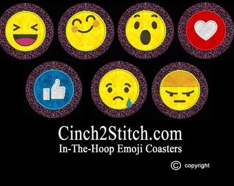 Emoji Coasters (set #2)- recycled CDs - 100% In The Hoop - Machine Embroidery Design Download (5" x 7" Hoop)