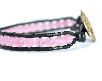 Pink Catseye Leather Wrap Bracelet with Metal Button Clasp - Pink Catseye Leather Wrap Bracelet - Leather Wrap Bracelet - Gift Ideas