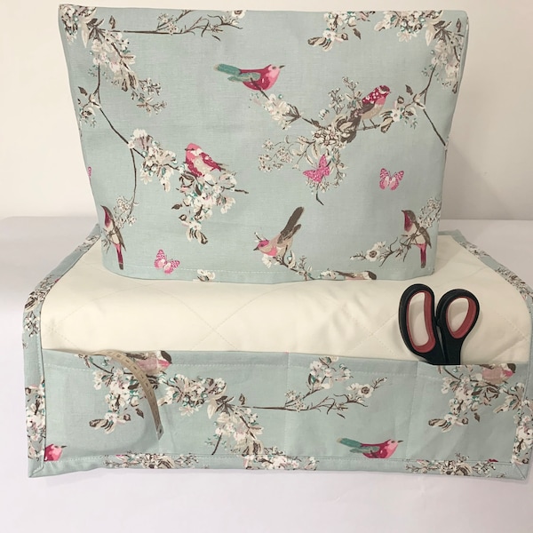 Beautiful Birds Duck Egg Floral Fabric Shabby Chic Sewing Machine Cover & Sewing Mat