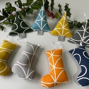 Xmas Tree Decorations- Xmas trees - Stockings - Decorations- Fabric Tree Decor - Linear Stem Fabrics 9 colours