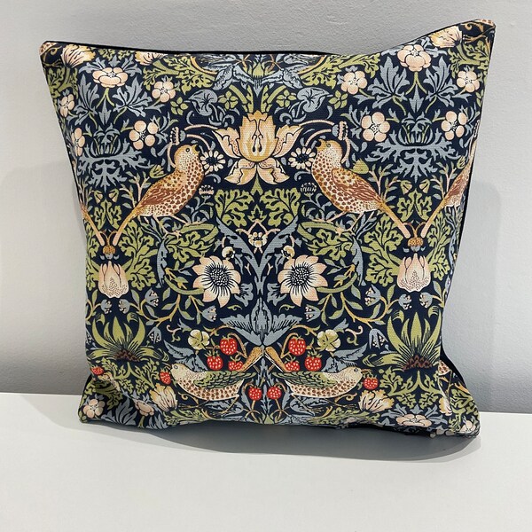 William Morris- Strawberry Thief Blue /Blue Velvet Fabric 12” 14” 16”   Cushion Covers / Reversible