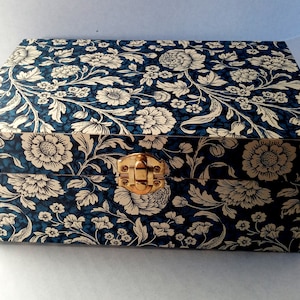 Beautiful Decoupage Wood Keepsake Box, Jewelry Box, Trinket Box With Latch Dark Blue Wildflowers Print Italian Paper ~ Carta Varese Italy